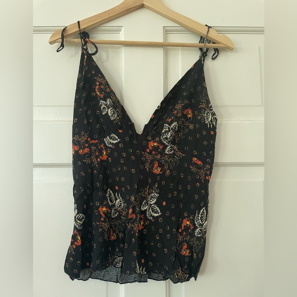 Free People Black Floral Tie Strap Tank Top